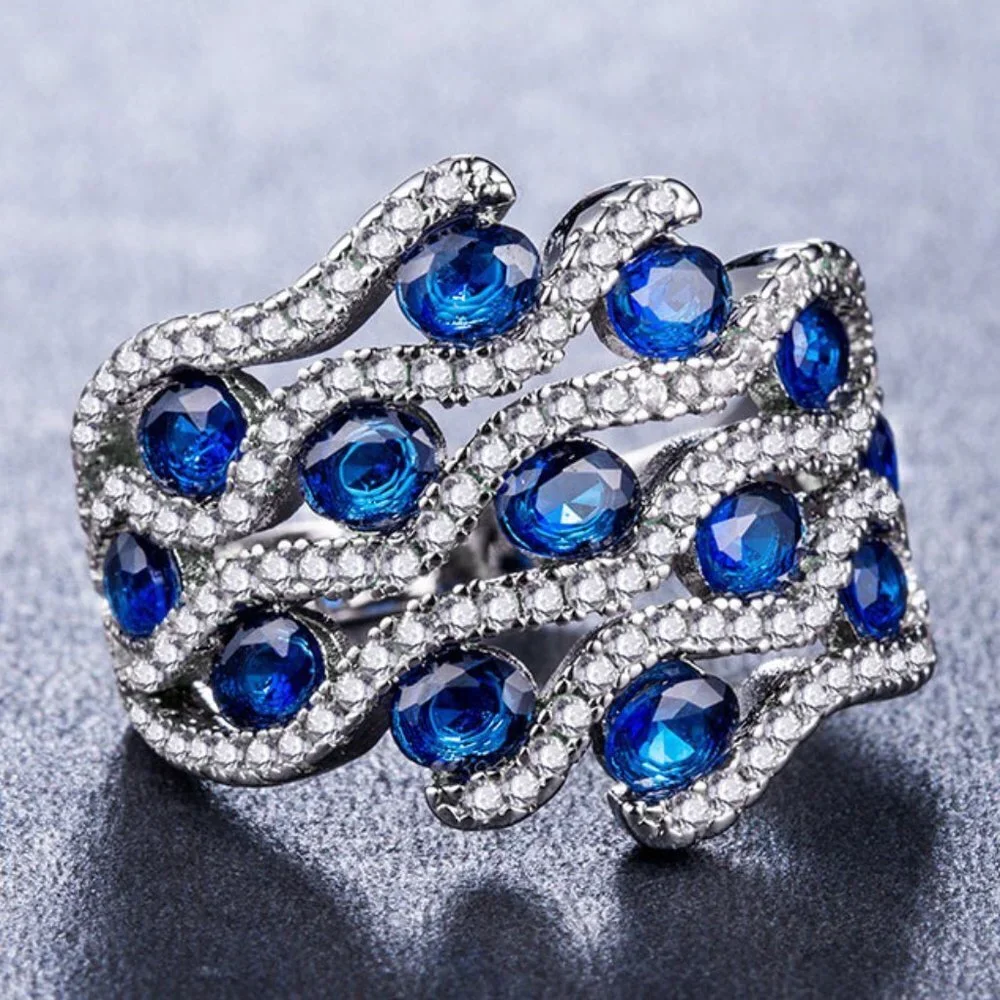 💎 925 Silver Plated Stylish Blue CZ Diamond Ring for Women, FB16FA1104